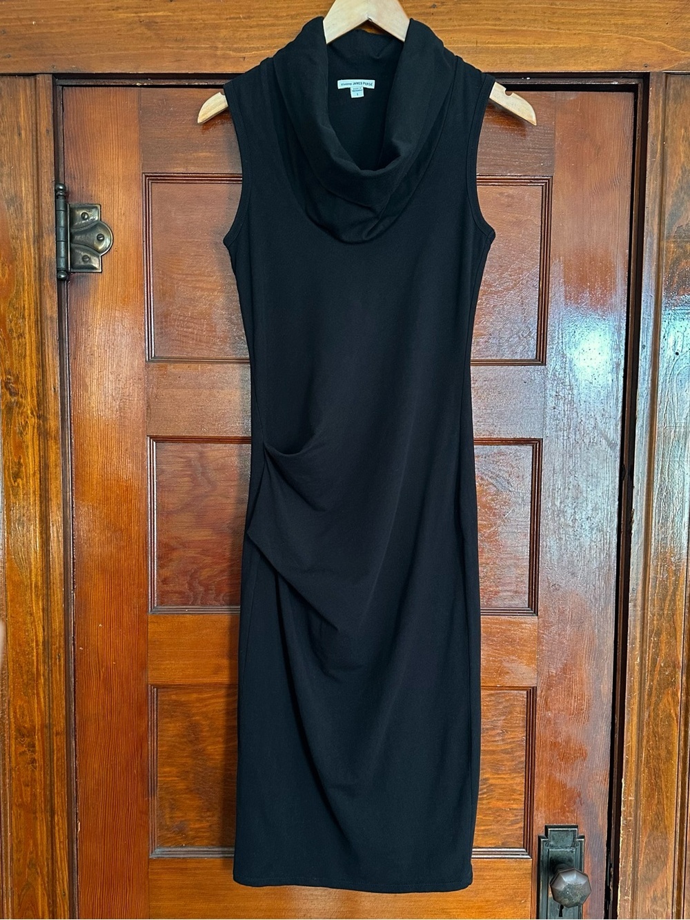 James Perse Black Cowl Neck Sleeveless Ruched Bodycon Midi Dress Size Small